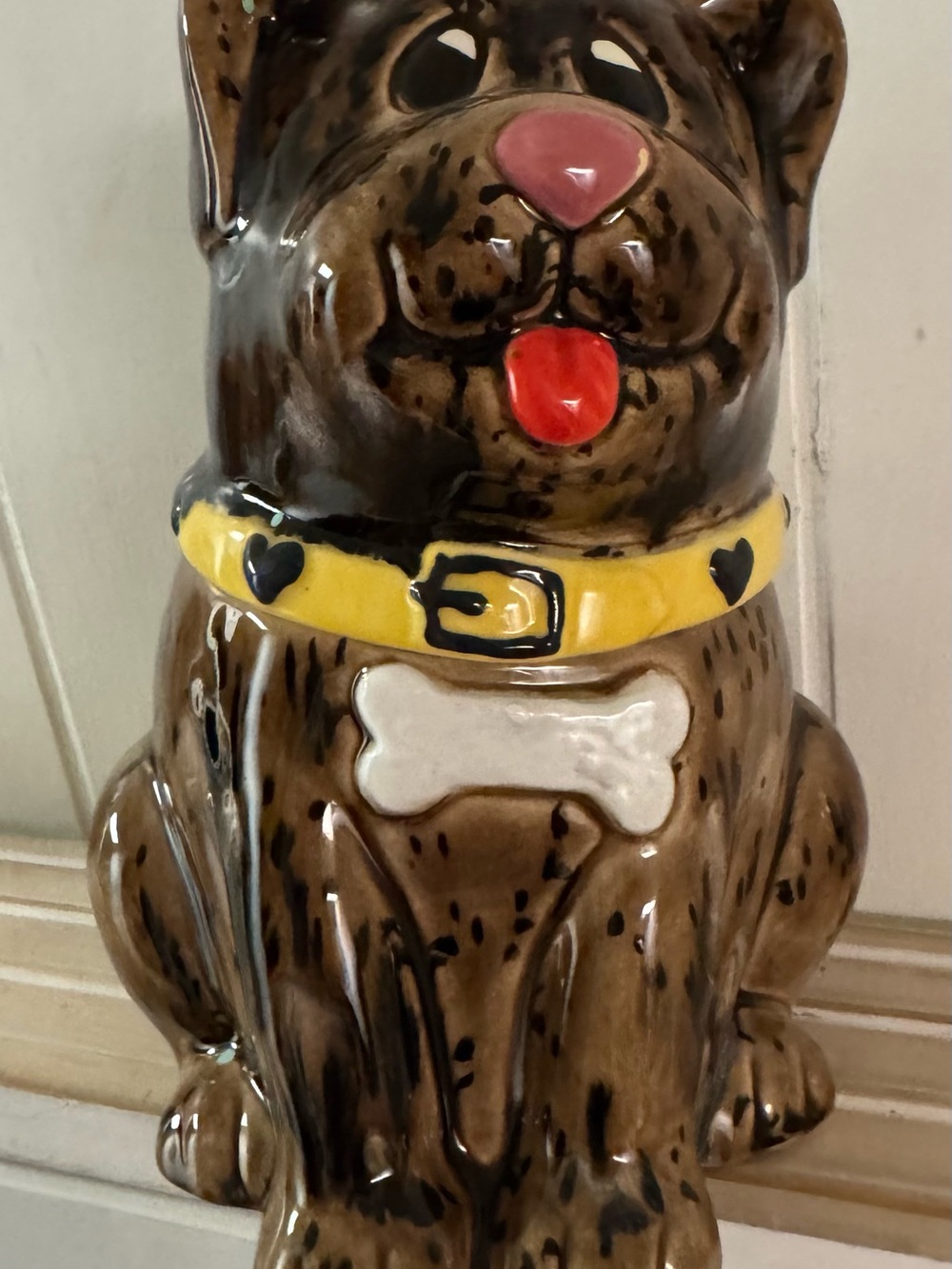 Ceramic Brown Dog Treat Bowl with Yellow Collar Accent